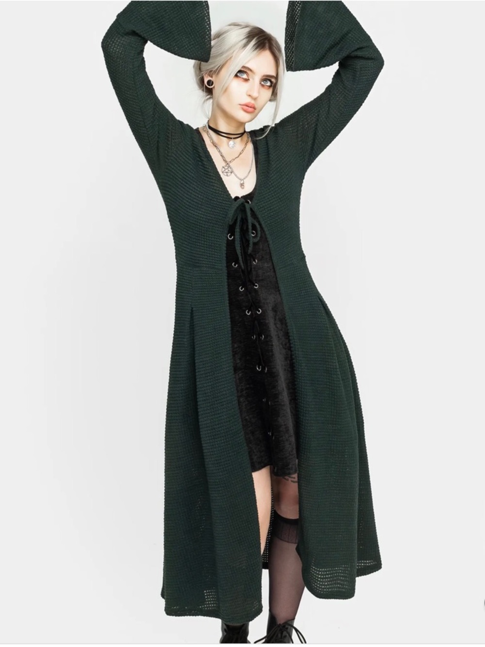 Disturbia Xana Textured Tie Front Long Cardigan -Green Size 10 NWT